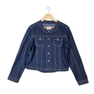 VTG Live A Little Denim Jacket sz L Blue Snap Front Pockets Fitted Top Stitched